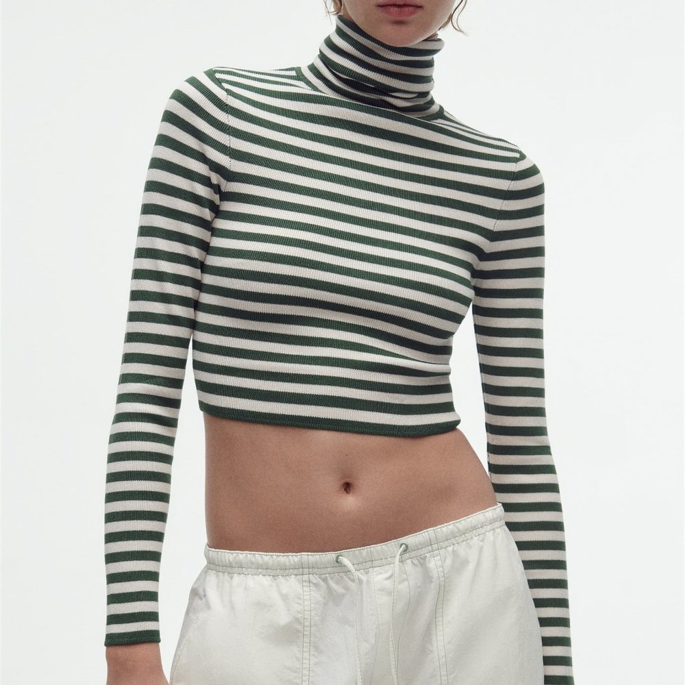 Zara Green and White Striped Ribbed Cropped Turtleneck Sweater